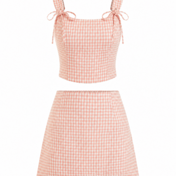 Pink and White Gingham Two-Piece Set with Tie-Strap Crop Top and Mini Skirt