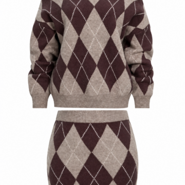 Taupe Argyle Knit Off-Shoulder Sweater and Mini Skirt Set