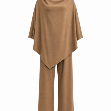 Camel Brown Draped Cowl-Neck Top and Wide-Leg Pants Set