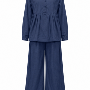 Navy Band-Collar Button-Front Top and Wide-Leg Trousers Set
