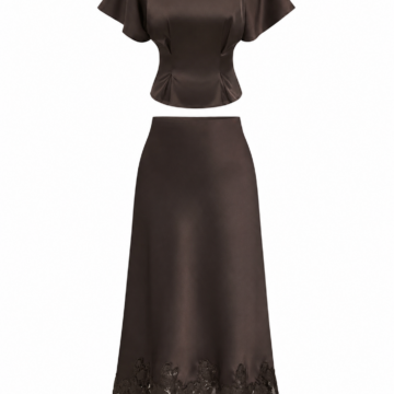 Dark Brown Flutter-Sleeve Top and Lace-Trim Midi Skirt Two-Piece Set
