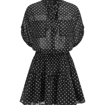 Black Polka Dot Mini Dress with Tie Neck and Balloon Sleeves