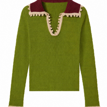 Olive Green Ribbed Knit Lace-Trim Pullover