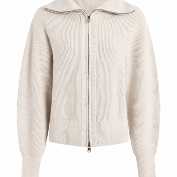 Off-White Rib-Knit Zip-Up Cardigan with Spread Collar