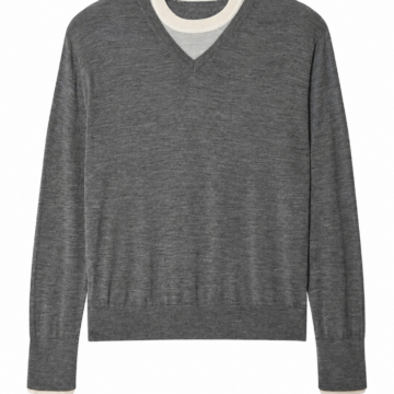 Heather Grey V-Neck Pullover Sweater with Off-White Trim