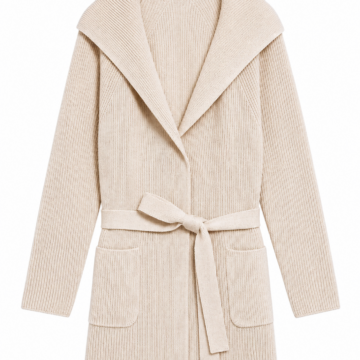 Ivory Ribbed Knit Open-Front Cardigan with Shawl Collar and Belt