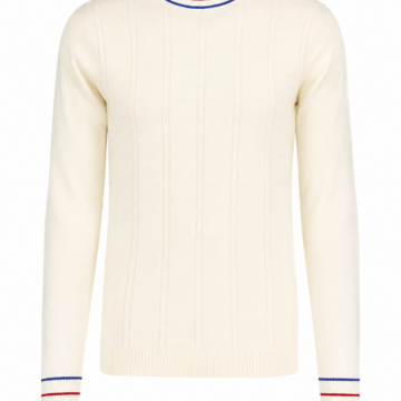 Cream Cable-Knit Crew Neck Sweater with Red and Blue Stripe Cuffs