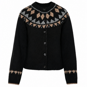 Black Fair Isle Pattern Button-Front Cardigan with Geometric Motifs