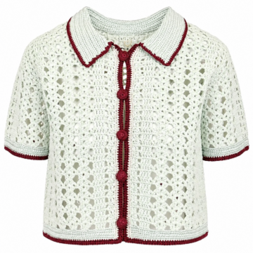 Cream Crochet Short Sleeve Cardigan with Red Trim