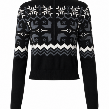 Black Slim Fit Mock Neck Zip Sweater with Geometric Pattern