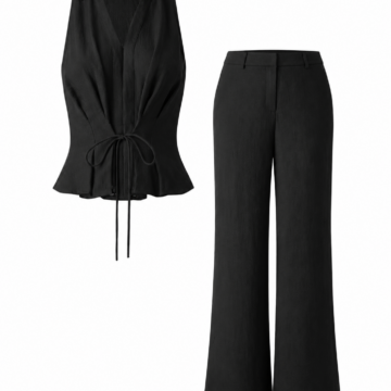Black Sleeveless Collared Top and Wide-Leg Pants Set