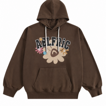 Dark Brown Floral Graphic Pullover Hoodie with Drawstring