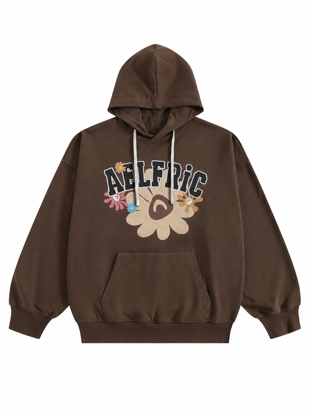 Dark Brown Floral Graphic Pullover Hoodie with Drawstring