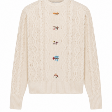 Cream Cable Knit Crew Neck Sweater with Insect Embroidery