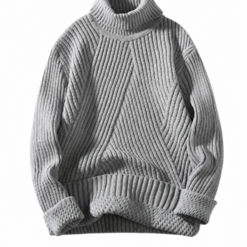 Heather Grey Oversized Turtleneck Sweater with Diagonal Pattern