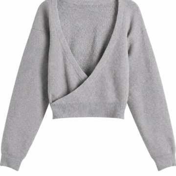 Heather Grey Wrap Front Cropped Sweater with Drop Shoulders