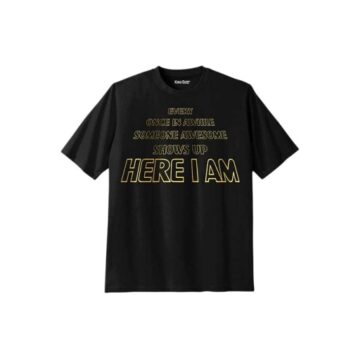 Black Graphic Crew Neck T-Shirt with Gold Text Print