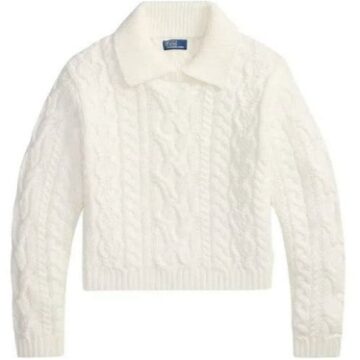 White Cable Knit Polo Collar Sweater